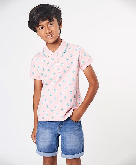 Ed-a-Mamma Half Sleeves Printed Polo Tee With Tipped Collar - Pink