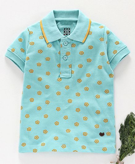 Ed-a-Mamma Half Sleeves Printed Polo Tee With Tipped Collar - Pool Blue
