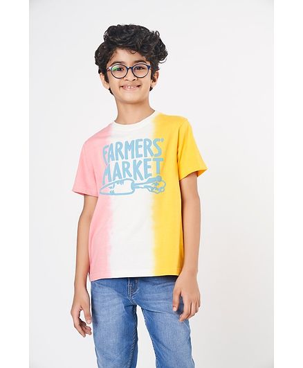Ed-a-Mamma Half Sleeves Round Neck Tee With Tie Dye & Print - Blue