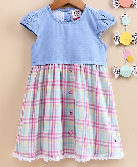 Ed-a-Mamma Cap Sleeves Yarn Dyed Checked Shirt Dress With Chambray Flare & Lace Underlay - Blue