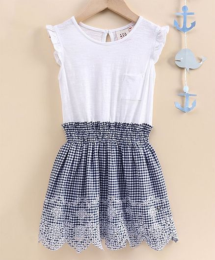 Ed-a-Mamma Cap Sleeves Flared Checked Dress With Smocking & Schiffli Embroidered Hem - Navy Blue