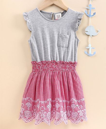 Ed-a-Mamma Cap Sleeves Flared Checked Dress With Smocking & Schiffli Embroidered Hem - Red