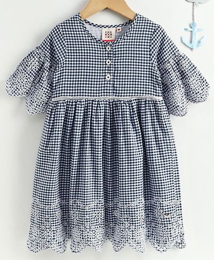 Ed-a-Mamma Half Sleeves Checked Dress With Flared Sleeves, Lace Insert & Schiffli Embroidered Hem & Sleeves - Navy Blue