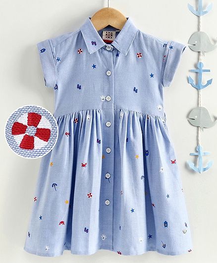 Ed-a-Mamma Cap Sleeves Chambray Button-Down Beach-Inspired Printed Dress - Blue