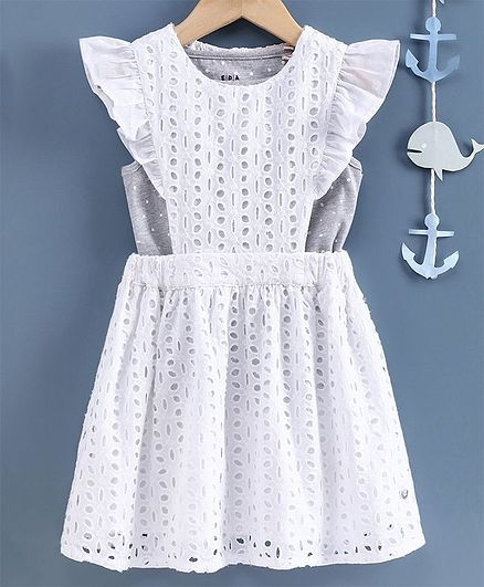 Ed-a-Mamma Sleeveless Schiffli Embroidered Pinafore With Printed Polka T-Shirt - White