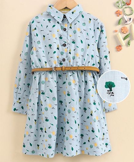 Ed-a-Mamma Full Sleeves Printed Cotton Slub Shirt Dress with Roll Up Sleeves - Sky Blue