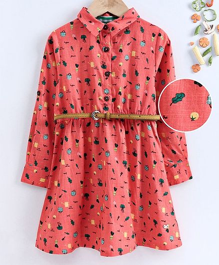 Ed-a-Mamma Full Sleeves Printed Cotton Slub Shirt Dress with Roll Up Sleeves - Coral