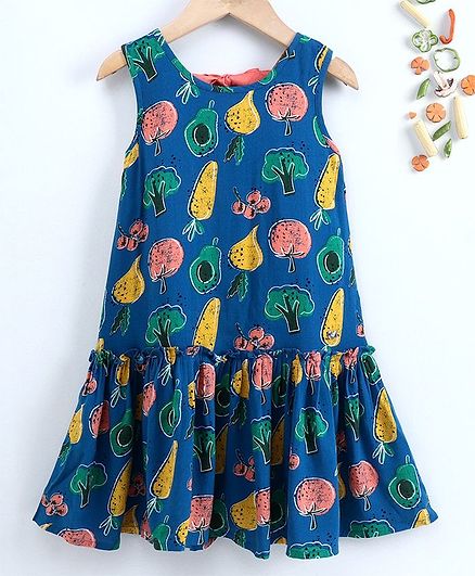 Ed-a-Mamma Veggie Print Rayon Sleeveless Dress With Back Tie Up Detailing - Midnight Blue