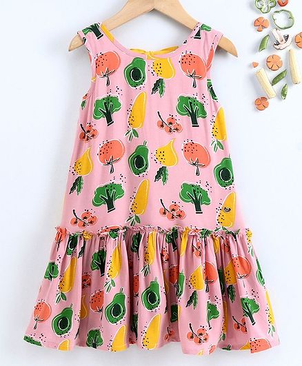 Ed-a-Mamma Veggie Print Rayon Sleeveless Dress With Back Tie Up Detailing - Light Pink