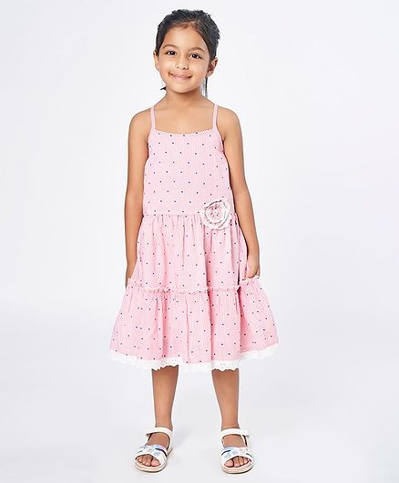 Ed-a-Mamma Sleeveless Polka Printed Striped Layered Strappy Dress With Lace Underlayer & Corsage - Pink