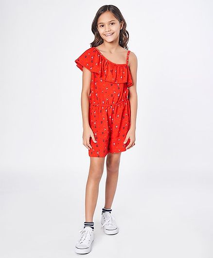 Ed-a-Mamma Sleeveless Rayon One Shoulder Printed Jumpsuit Ruffle Detail - Red