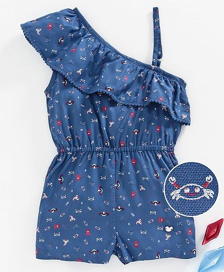 Ed-a-Mamma Sleeveless Rayon One Shoulder Printed Jumpsuit Ruffle Detail - Navy Blue