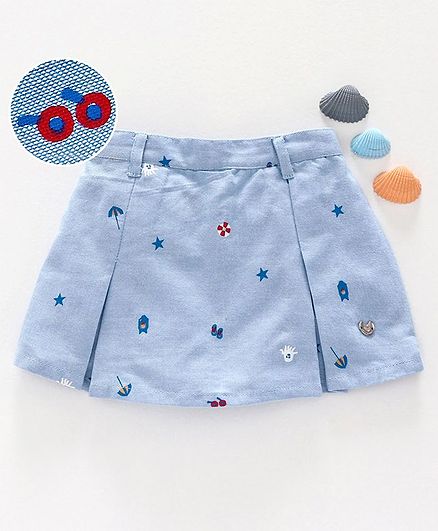 Ed-a-Mamma Beach-Inspired Printed Chambray Skorts With Inverted Pleats - Blue