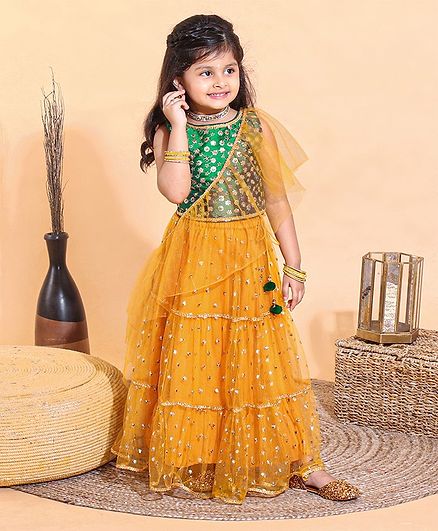 Babyhug Sleeveless Embroidered Choli & Lehenga with Dupatta - Green Yellow