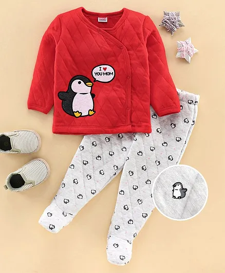 Babyhug Winter Wear Full Sleeves Tee & Bootie Leggings Bear Embroidery - Red Grey