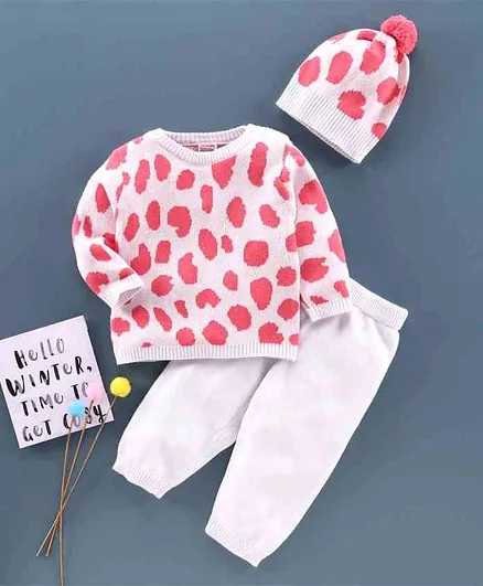 Babyhug Full Sleeves 3 Piece Sweater Set - White Pink
