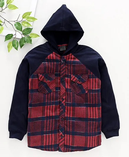 Rikidoos Checked Full Sleeves Hooded Shirt - Maroon