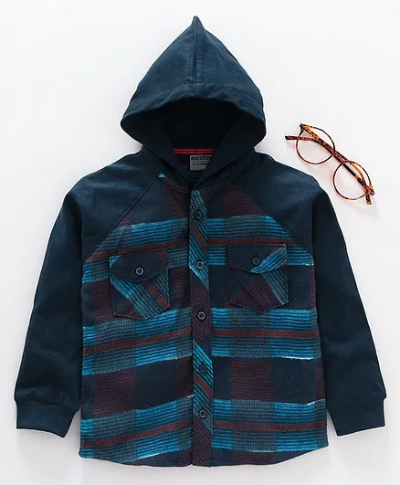 Rikidoos Checked Full Sleeves Hooded Shirt - Blue