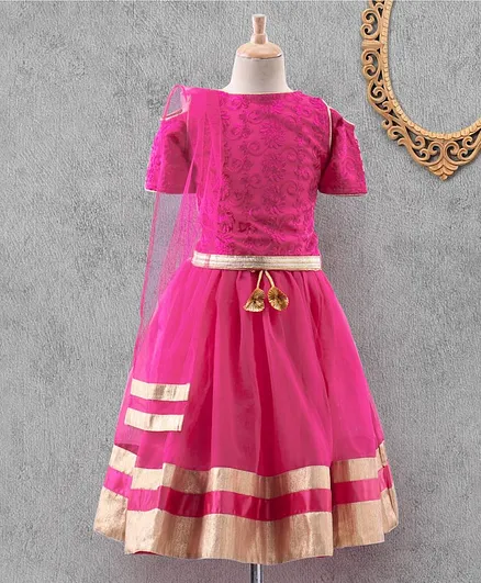 The KidShop Short Sleeves Flower Embroidered Choli With Lehenga & Dupatta - Pink