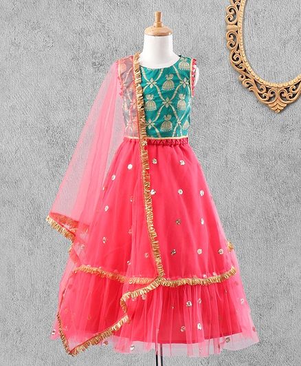 Pspeaches Peacock Print Sleeveless Choli With Lehenga & Dupatta - Coral