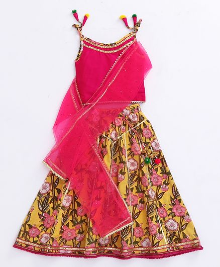 Babyhug Half Sleeves Blouse & Lehenga With Dupatta - Pink Yellow