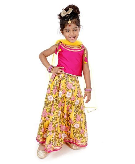 Babyhug Half Sleeves Blouse & Lehenga With Dupatta - Pink Yellow