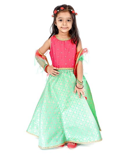 Babyhug Sleeveless Lehenga Set with Brocade Work - Pink Blue