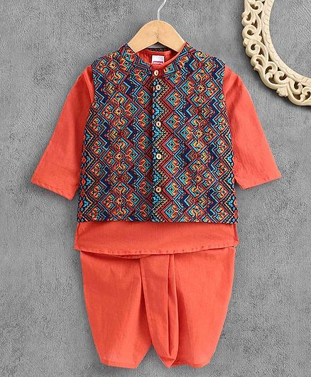 Babyhug Full Sleeve Kurta with Dhoti & Printed Waistcoat - Orange