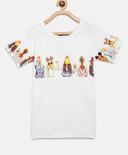 Natilene Half Sleeves Girl Print T-Shirt - White