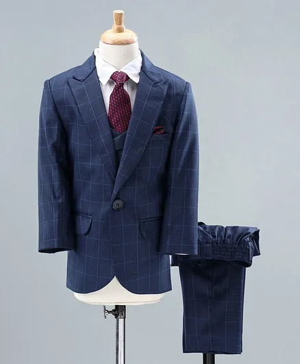 Babyhug 4 Piece Full Sleeves Check Party Suit With Tie - Navy Blue White
