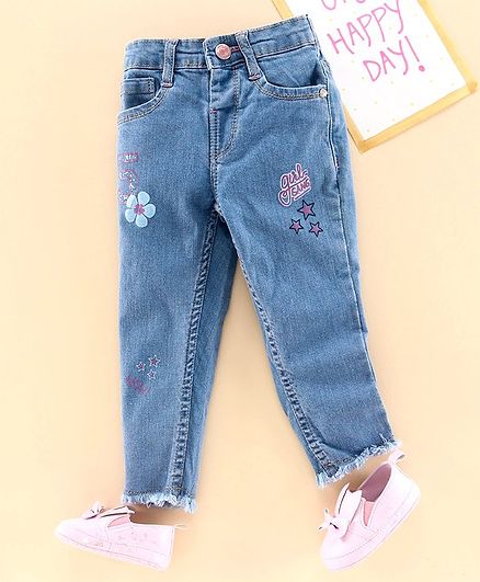 Babyhug Full Length Jeans Flower Embroidery - Light Blue