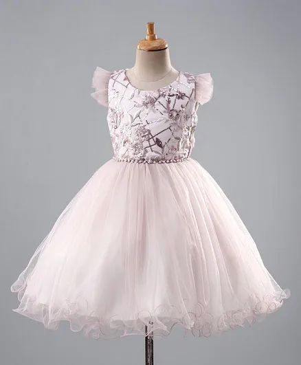 Mark & Mia Flutter Sleeves Mid Length Frock Floral Embroidery - Light Pink