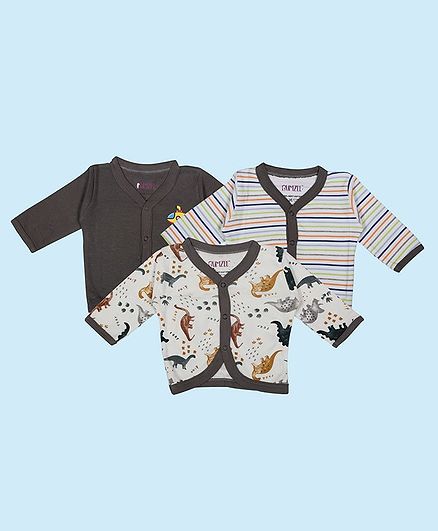 Bumzee Pack Of 3 Full Sleeves Striped & Dinosaur Printed Jablas - Brown