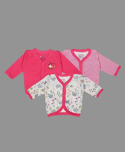 Bumzee Full Sleeves Pack Of Three Striped & Swan Print Vests - Pink