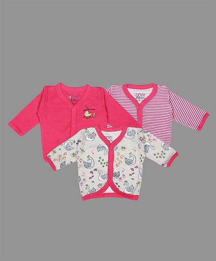 Bumzee Full Sleeves Pack Of Three Striped & Swan Print Vests - Pink