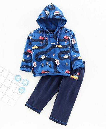 Cucumber Full Sleeves Hooded Tee & Lounge Pant Set Car Print - Blue