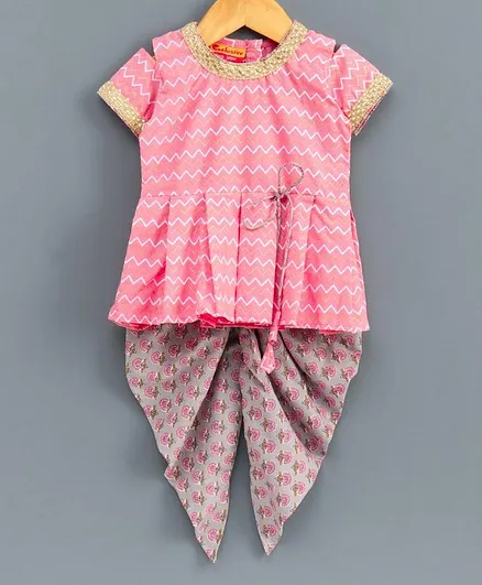 Exclusive from Jaipur Cold Shoulder Chevron Pleated Top & Printed Indo Western Dhoti - Pink Grey