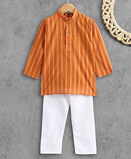 Ridokidz Full Sleeves Striped Kurta With Pajama - Orange