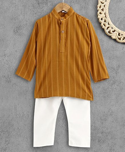 Ridokidz Full Sleeves Striped Kurta With Pajama - Brown