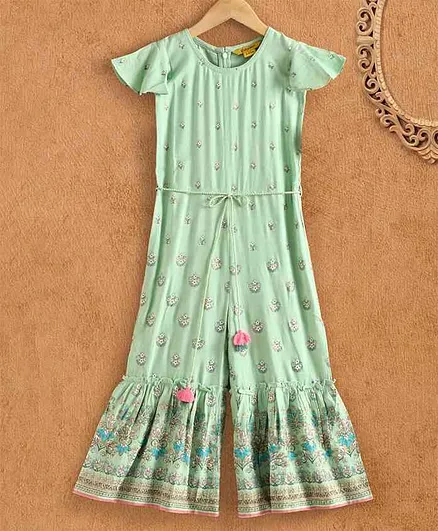 Global Desi Girl Cap Sleeves Floral Print Jumpsuit - Light Green