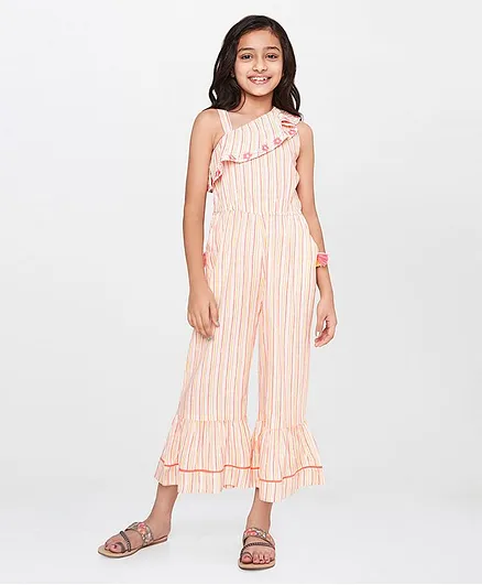 Global Desi Girl One Shoulder Sleeveless Flower Detailed Jumpsuit - Peach
