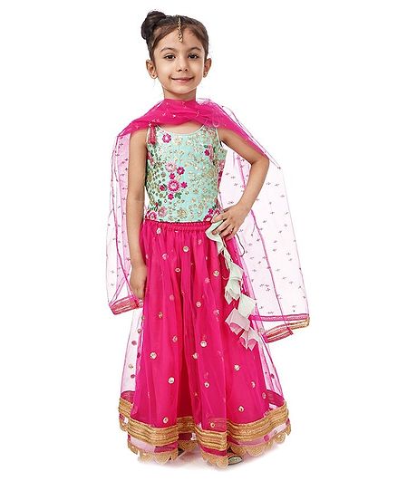 Babyhug Singlet Sleeves Choli and Lehenga with Net Dupatta Floral Embroidery - Green Pink