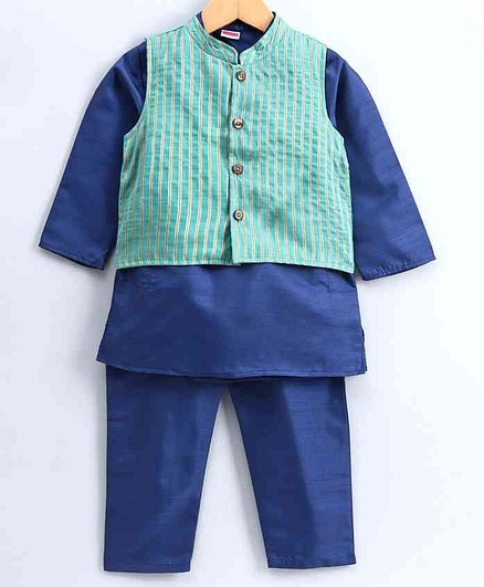Babyhug Full Sleeve Kurta Pyjama Set with Waistcoat - Navy Blue