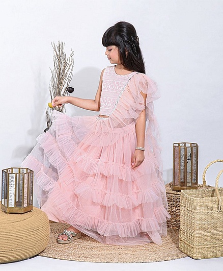 Babyhug Sleeveless Embroidered Choli Ruffle Lehenga & Dupatta - Light Pink
