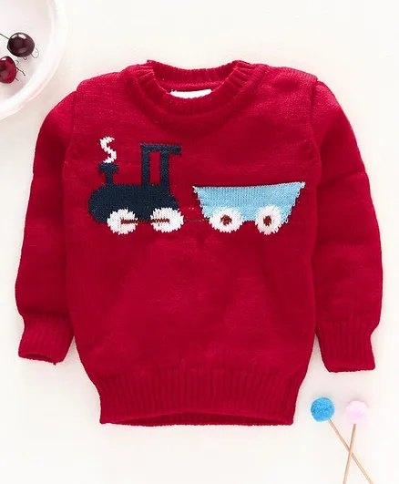 Little Angels Full Sleeves Sweater Train Design - Red