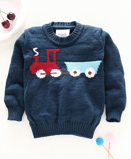 Little Angels Full Sleeves Sweater Train Design - Navy Blue