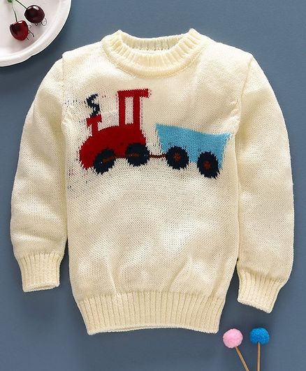 Little Angels Full Sleeves Sweater Train Design - Cream