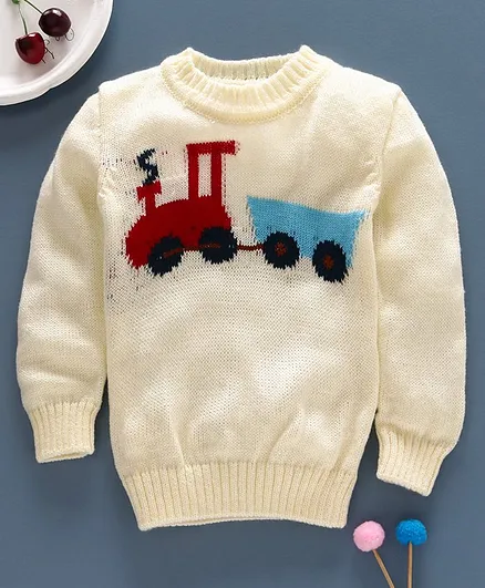 Little Angels Full Sleeves Sweater Train Design - Cream