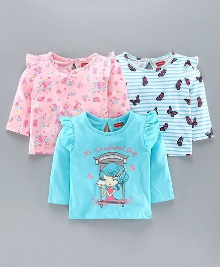 Babyhug Cotton Full Sleeves Top Pack of 3 - Blue Pink