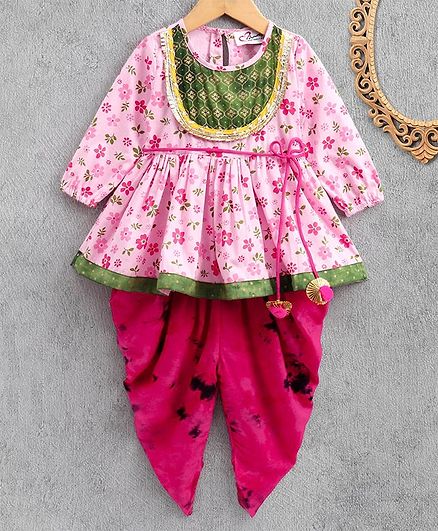M'andy Full Sleeves Floral Print Yok Kurti With Dhoti - Pink